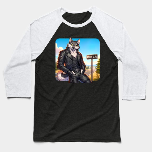 Leather Biker Wolf Anthro Furry Art Baseball T-Shirt by Blue Bull Bazaar